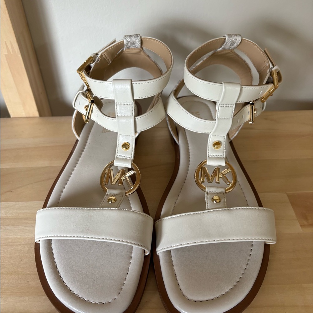 Michael Kors White T-Strap Sandals with Gold Accents